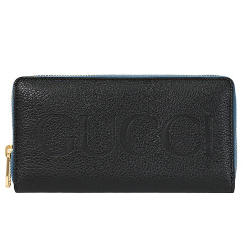 GUCCI 658691 烙印大LOGO經典ㄇ字拉鍊長夾.藍黑