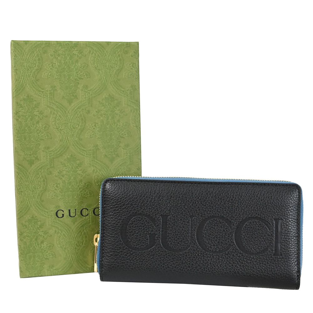GUCCI 古馳 烙印大LOGO經典ㄇ字拉鍊長夾.藍黑