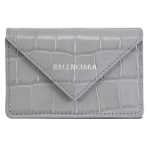 BALENCIAGA 巴黎世家 391446 Papier 鱷魚壓紋牛皮三折小短夾.灰