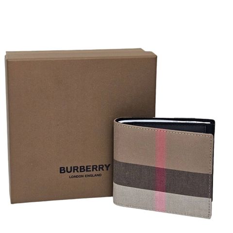 BURBERRY 巴寶莉 英系經典格紋拼接雙層對折4卡零錢袋短夾(灰褐色/棕色)