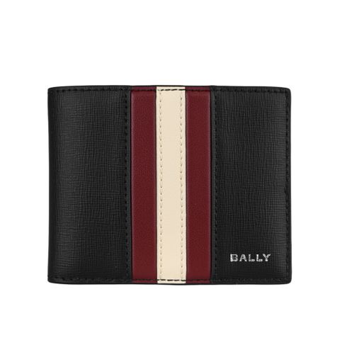 BALLY Mythos 紅白條紋再生牛皮對開6卡短夾(黑色) 6308572
