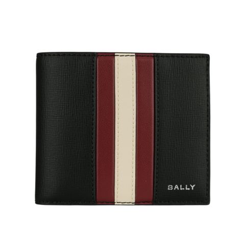 BALLY Mythos 紅白條紋再生牛皮對開8卡短夾(黑色) 6308573