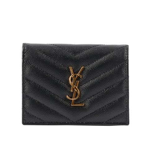 YSL 山形紋魚子醬皮金字二折卡片小短夾(黑色) 668290 BOWA1 1000