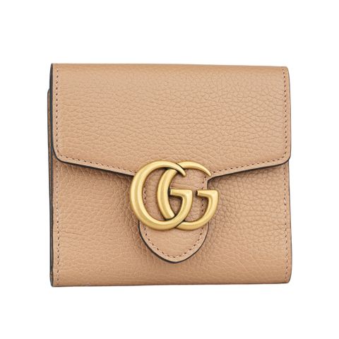 GUCCI 古馳 Marmont 金色標誌粒紋皮革釦式二折短夾(裸粉色)