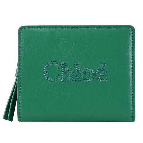 CHLOE SENSE 電繡LOGO小牛皮對開零錢短夾.綠