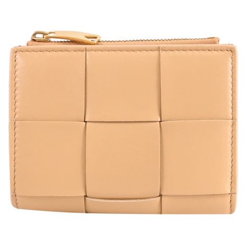 BOTTEGA VENETA 651381 大格編織NAPPA皮釦式零錢短夾.杏色