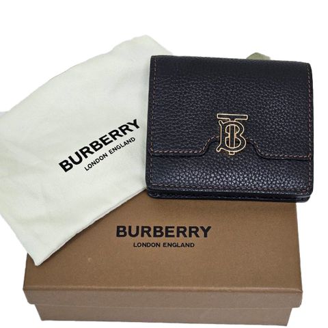 BURBERRY 巴寶莉 新款荔枝紋牛皮Thomas 花押字扣翻蓋短夾  黑色 贈原廠防塵袋紙盒紙袋