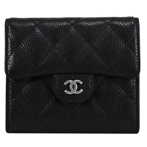 CHANEL AP0231 經典菱格紋荔枝牛皮三折短夾.黑/銀