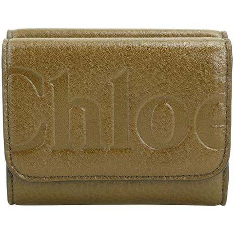 CHLOE 蔻依 Bikie 字母壓印荔紋牛皮三折短夾(墨綠)