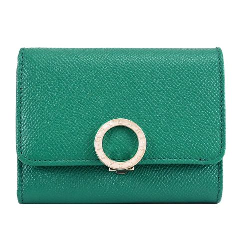 BVLGARI 寶格麗 293180 金屬釦LOGO牛皮三折零錢短夾.綠