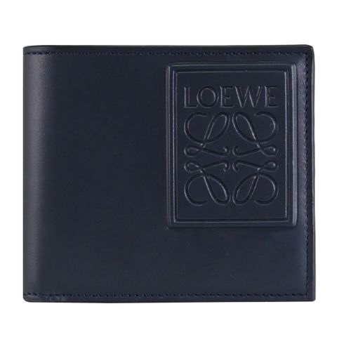 LOEWE ANAGRAM 品牌烙印LOGO牛皮8卡對開短夾.深藍