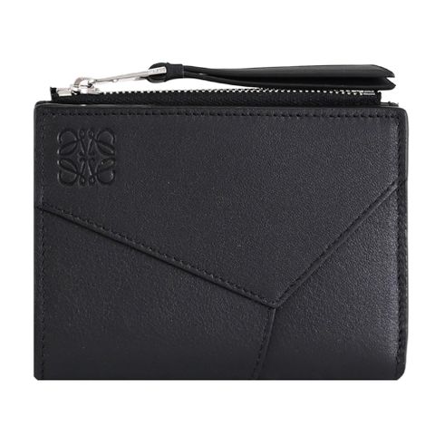 LOEWE PUZZLE 經典壓印LOGO牛皮對開零錢短夾.黑