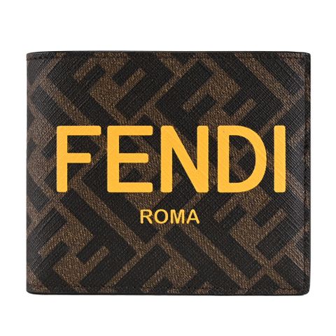 FENDI 7M0339 品牌LOGO印花撞色皮革零錢短夾.深咖/黃