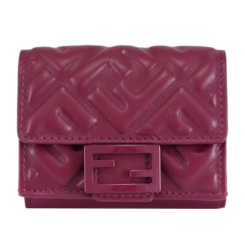 FENDI 8M0395 FF LOGO壓花NAPPA皮革三折小短夾.紫紅