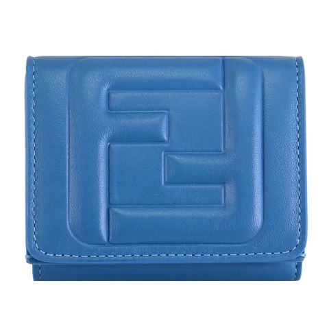 FENDI 8M0395 立體FF LOGO質感NAPPA皮革三折小短夾.藍