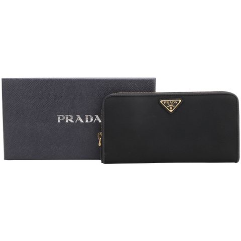 PRADA 普拉達 Saffiano 三角牌防刮牛皮拼接尼龍拉鍊長夾(黑色)