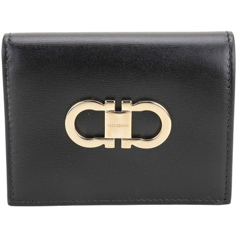 Salvatore Ferragamo GANCINI 馬蹄金壓紋牛皮撞色內裡釦式短夾(黑色)