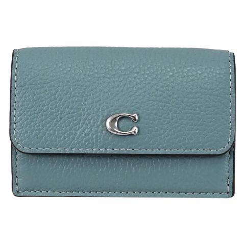 COACH CM437 經典C LOGO荔枝皮革三折零錢短夾.海藍