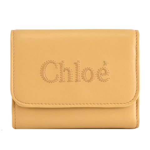 CHLOE SENSE 電繡LOGO小牛皮三折扣式零錢短夾.黃
