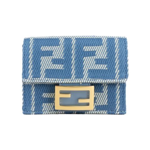 FENDI Baguette FF Logo 牛仔緹花布三折短夾(藍色)(Micro) 8M0395 AUNJ F1SKL