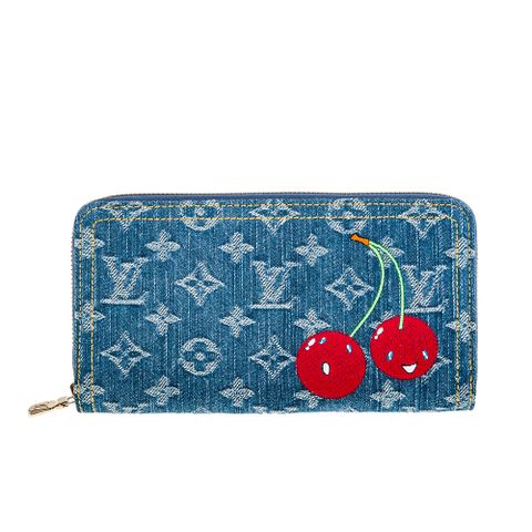LOUIS VUITTON LV x TM【M23161】村上隆限定Monogram櫻桃圖案水洗牛仔布拉鍊ㄇ型長夾 (丹寧)
