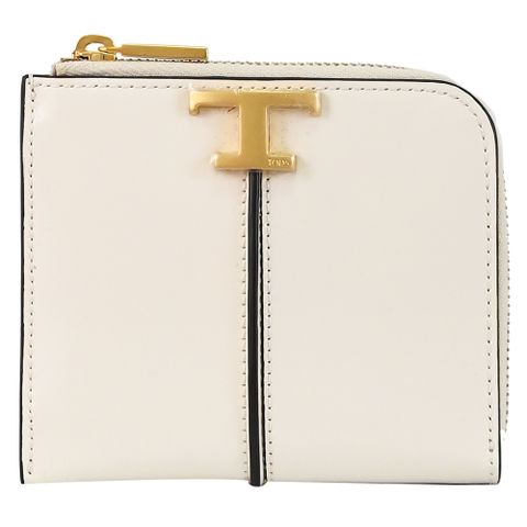 TODS T Timeless 金屬LOGO小牛皮L型拉鍊零錢包.白