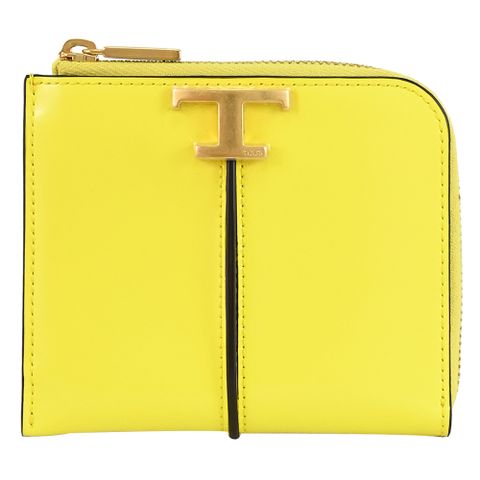 TODS T Timeless 金屬LOGO小牛皮L型拉鍊零錢包.亮黃