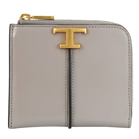 TODS T Timeless 金屬LOGO小牛皮L型拉鍊零錢包.灰