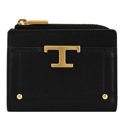 TODS T Timeless 金屬LOGO小牛皮釦式零錢短夾.黑