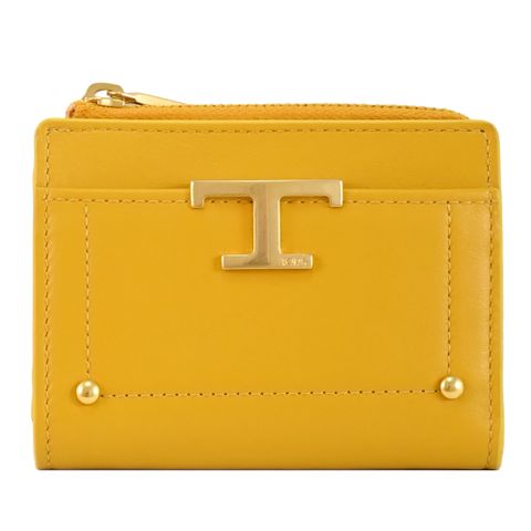 TODS T Timeless 金屬LOGO小牛皮釦式零錢短夾.黃