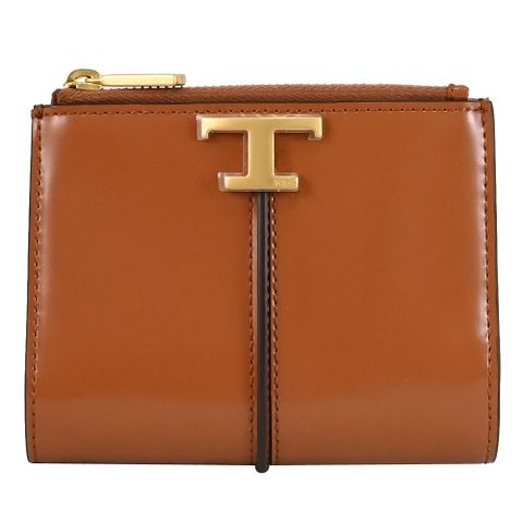 TODS T Timeless 金屬LOGO滑面牛皮釦式零錢短夾.棕色