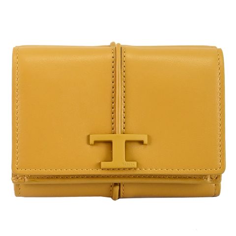 TODS T Timeless 經典LOGO車線造型扣式三折零錢短夾.黃