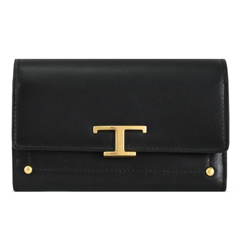 TODS T Timeless 金屬LOGO牛皮翻蓋釦式中夾.黑