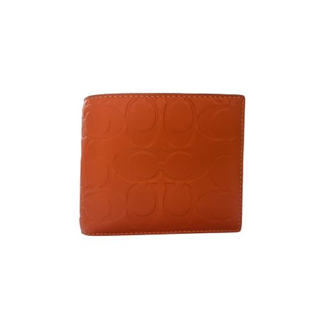 COACH 棕 經典C字壓印皮革附活動夾中短夾 皮夾