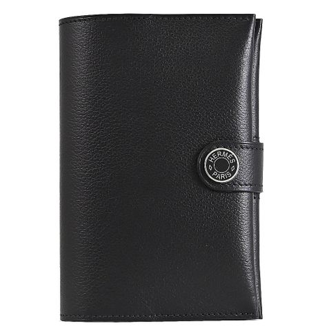 HERMES RMS Evergrain 小牛皮圓牌LOGO釦式護照夾.黑