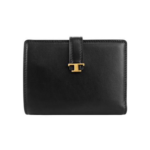 TODS T Logo 平滑皮革零錢袋二折釦式短夾(黑色) XAWTSIBO3Z1RORB999