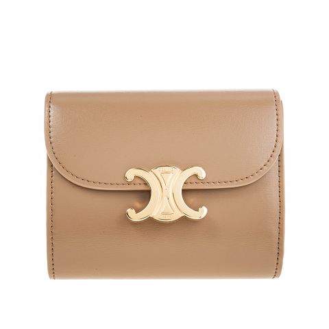 CELINE 新款亮面牛皮凱旋門TRIOMPHE LOGO金釦對折短夾 (煙燻棕色)
