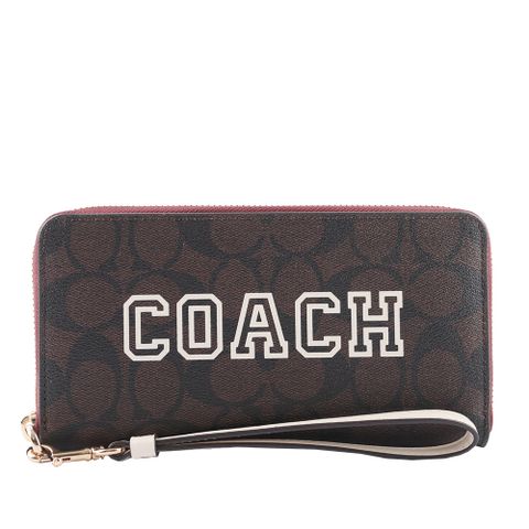 COACH 蔻馳 Varsity 標誌塗層帆布附可拆提把長夾(巧克力色/白色) CB856 IMUOC