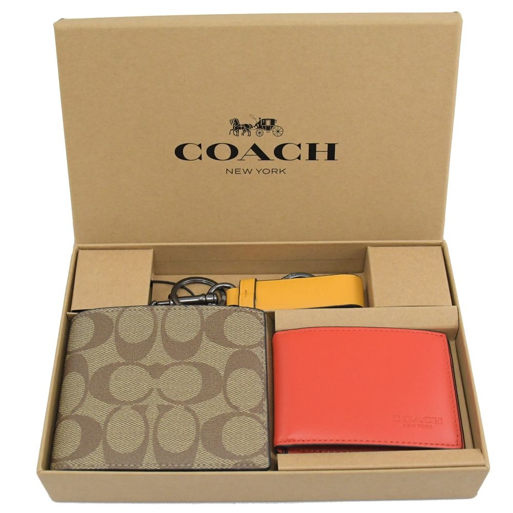 COACH 蔻馳  老花撞色短夾鑰匙圈禮盒組.駝/紅黃