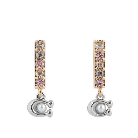 COACH C Logo 及玻璃珍珠條狀水鑽耳環(金色) CL142 GLD