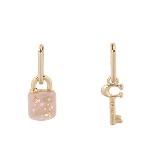 COACH 樹脂鎖頭及鑰匙造型不對稱耳環(金色/粉色)