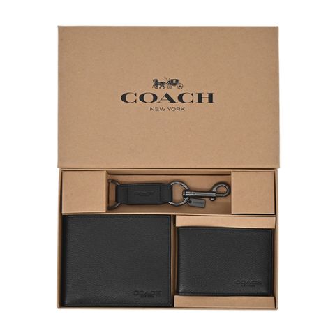 COACH 蔻馳 壓印LOGO 素面皮革男款8卡短夾禮盒(附證件夾/黑色)