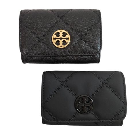 TORY BURCH TB Willa 菱格紋皮革翻蓋卡片零錢包 兩色可選 磨砂黑／金色logo 贈原廠禮袋