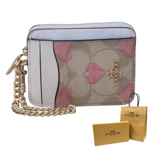 COACH 情人節限量粉色愛心經典滿版老花紋金屬鍊帶拉鍊證件夾零錢包(贈原廠紙袋紙盒)
