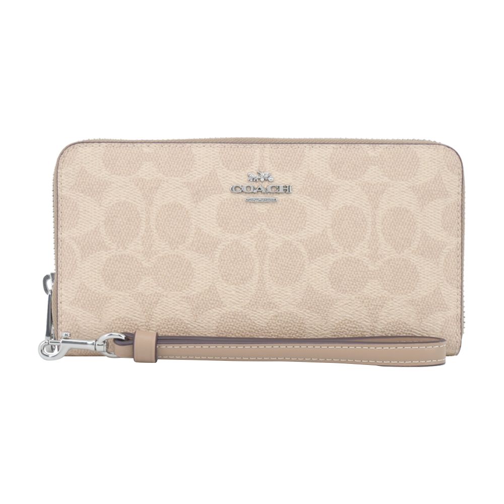 COACH 蔻馳 緹花logo拉鍊手掛式長夾(奶茶)