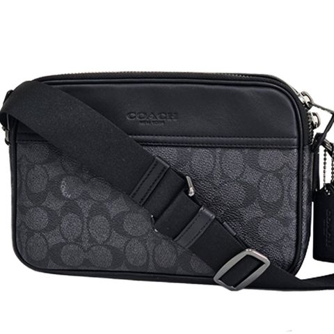 COACH GRAHAM 男款經典PVC滿版LOGO相機斜背包(黑皮革拼灰老花)