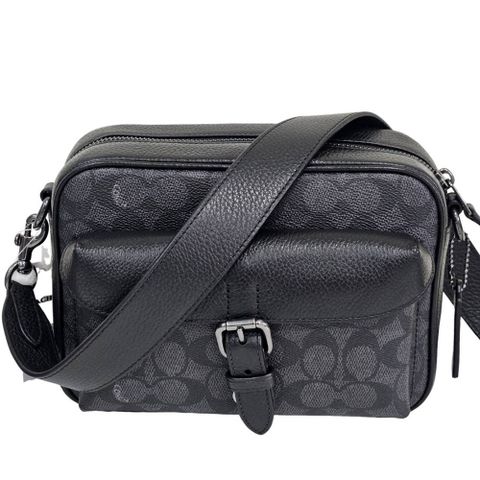 COACH 新款緹花 LOGO釦環中性男款郵差斜背包相機包/黑皮革拼接老花