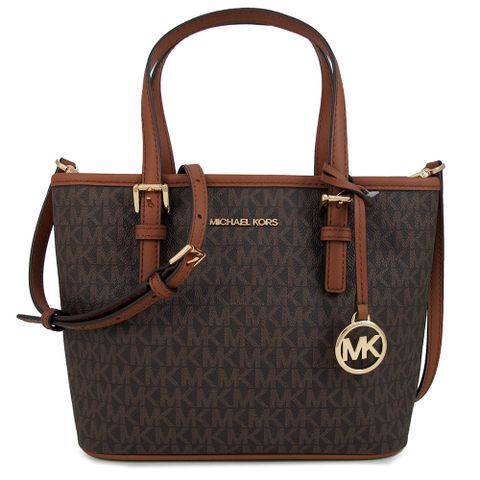 MICHAEL KORS JET SET TRAVEL 金字LOGO防刮滿版MK咖啡色兩用小托特