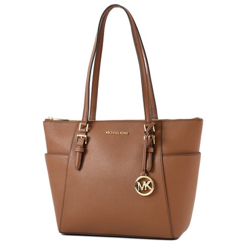 Michael Kors CHARLOTTE 金字防刮皮革拉鍊托特包-焦糖色/大