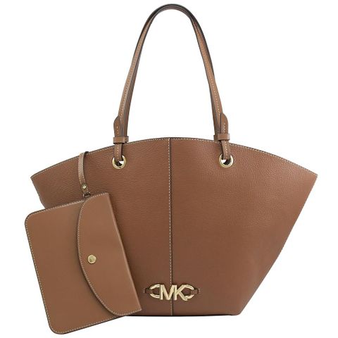 Michael Kors IZZY 金屬LOGO荔枝皮革肩背托特包.咖